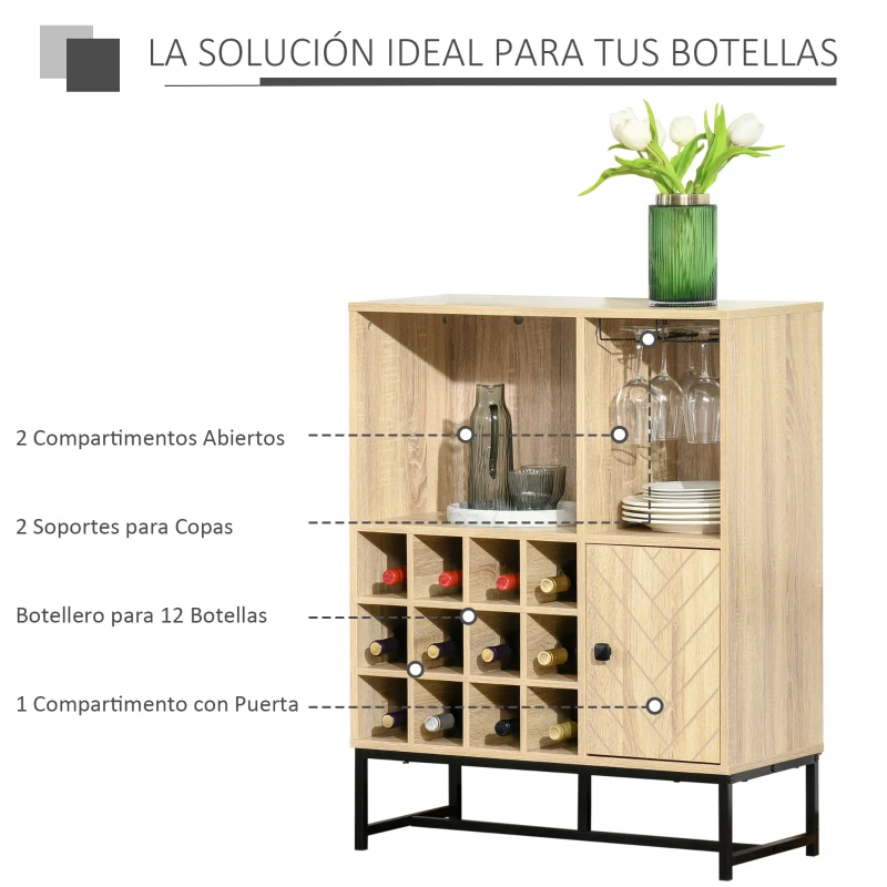 HOMCOM Aparador de Cocina con Botellero para 12 Botellas y Soporte de 6 Copas de Vino 76x35x97 cm Madera Natural