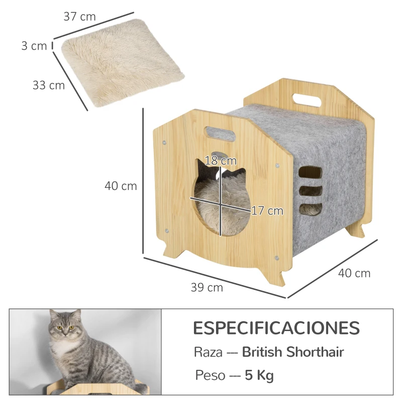 PawHut Caseta de Gatos de Madera y Fieltro Casa para Mascotas con Cojín y 2 Asas 40x39x40 cm Natural y Gris