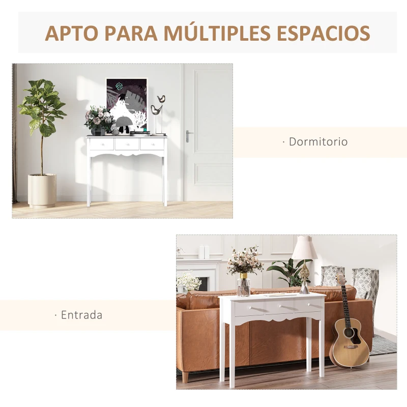HOMCOM Mesa Consola de Madera Mueble Recibidor de Entrada con 3 Cajones para Salón Pasillo Carga 45 kg 100x32x85 cm Blanco