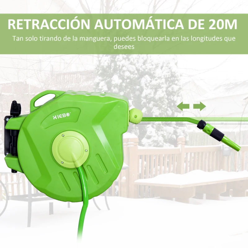 Outsunny Carrete para Manguera 20M+2M Soporte Mural Portamanguera Roll-up Automático con Pistola de Pulverización Gran Alcance Base de Pared Conector de Manguera para Jardín Terraza