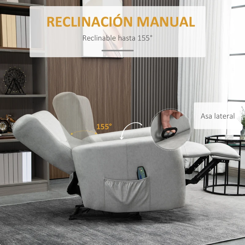 HOMCOM Sillón de Masaje Relax con Reclinación Manual 155° 8 Zonas de Masaje Mando a Distancia Tapizado en Tejido Técnico Reposapiés y 2 Bolsillos Laterales 79x101x96 cm Gris