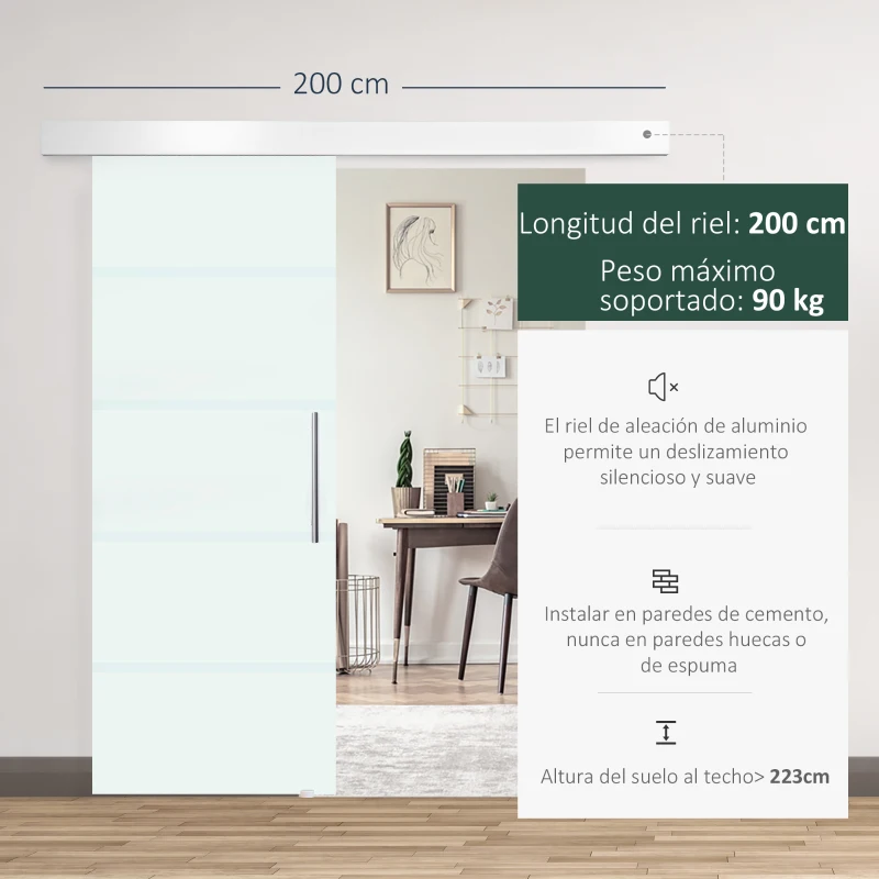 HOMCOM Puerta Corredera de Cristal Satinado 75x210 cm Puerta Corrediza con Riel Tirador y Cristal de Seguridad Translúcido