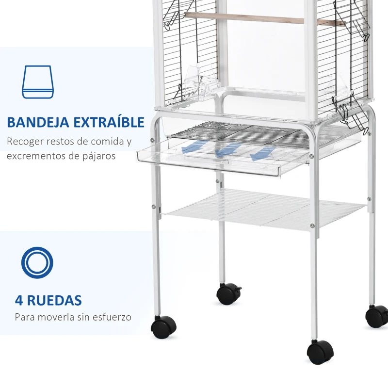 PawHut Jaula para Pájaros con Soporte Desmontable Jaula de Aves Canarios con 4 Ruedas Techo Abrible 2 Comederos 2 Perchas Bandeja Extraíble y Rejillas 47x35x106,5 cm Blanco