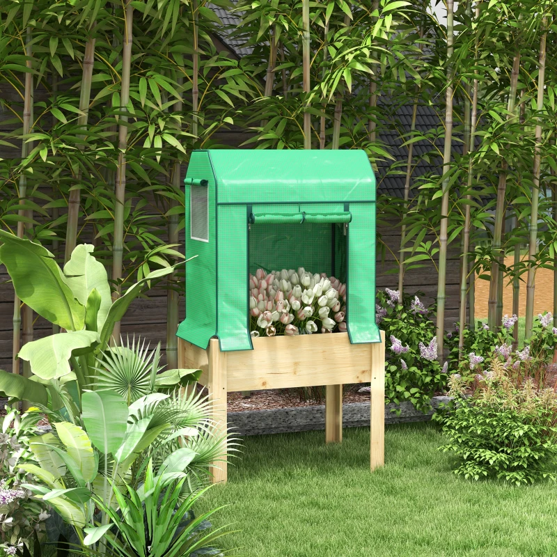 Outsunny Houten verhoogde plantenbak met folieafdekking, voering van vlies, natuurlijk hout en metaal, afmetingen 86 x 60 x 165 cm