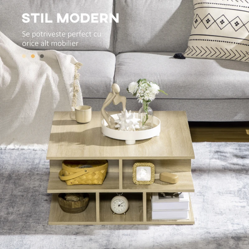 HOMCOM Mese de cafea patrata pentru camera de zi, masa de cocktail moderna cu rafturi multiple de depozitare, 70 x 70 x 36,5 cm, naturala