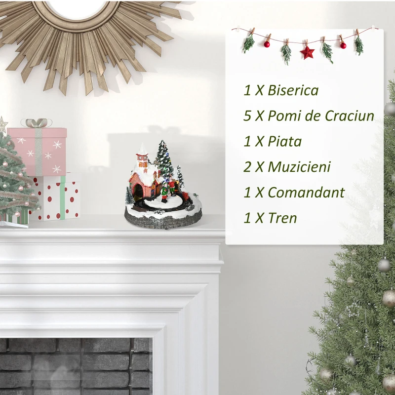 HOMCOM Scena Animata a Satului de Craciun, Decoratiune Muzicala de Sarbatori Gata Luminata cu Lumini LED, Tren Rotativ, 2 Muzicieni si 1 Comandant