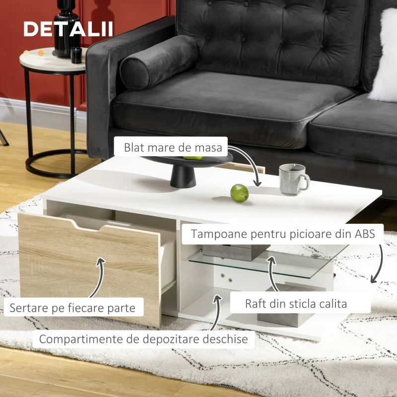 HOMCOM Masa de cafea, masa de ceai moderna cu raft din sticla calita si doua sertare, mese de cafea pentru camera de zi, camera de pat, alb