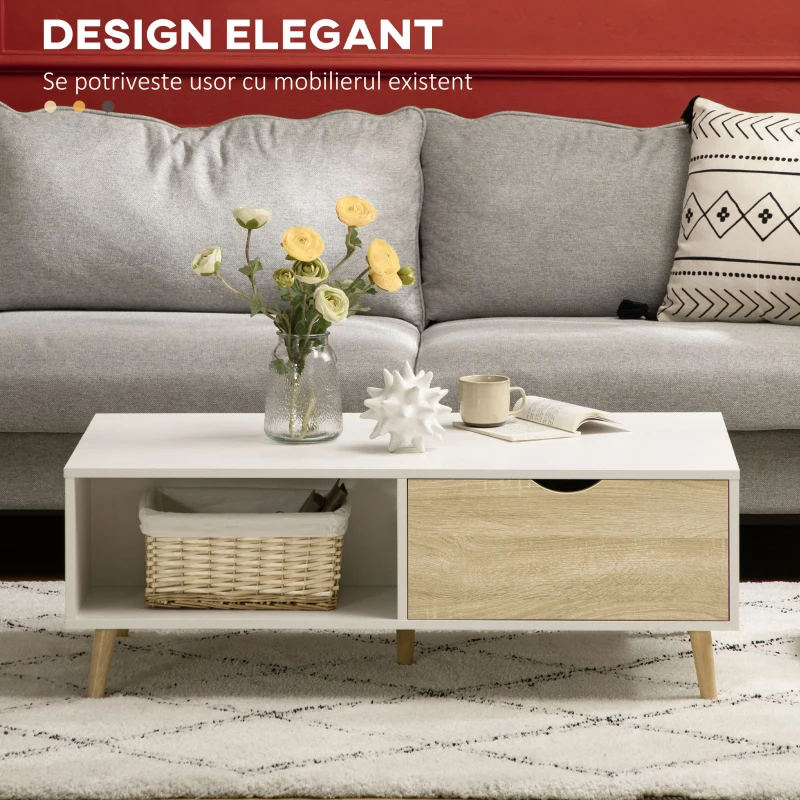 HOMCOM Masa de cafea moderna cu rafturi de depozitare deschise, doua sertare si picioare din lemn masiv, alb