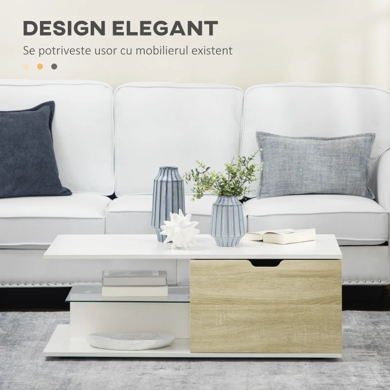 HOMCOM Masa de cafea, masa de ceai moderna cu raft din sticla calita si doua sertare, mese de cafea pentru camera de zi, camera de pat, alb