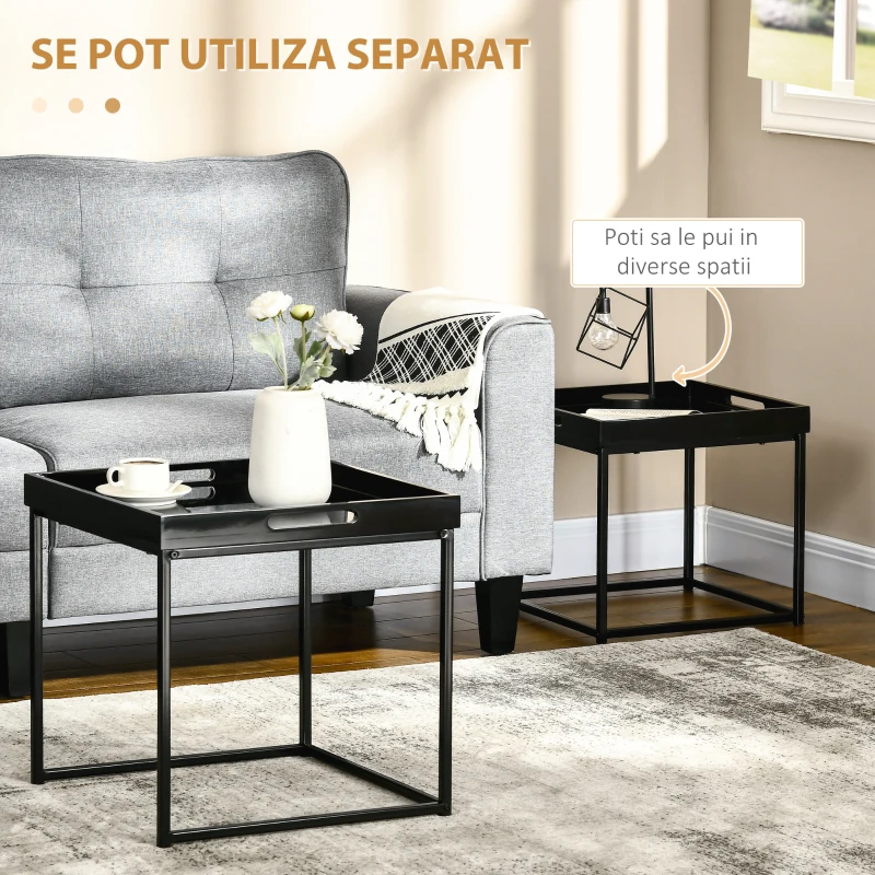 HOMCOM Set de 2 masute moderne, mese stivuibile patrate cu cadru de otel si efect lucios pentru sufragerie, negru