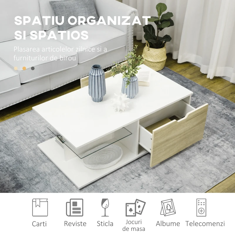 HOMCOM Masa de cafea, masa de ceai moderna cu raft din sticla calita si doua sertare, mese de cafea pentru camera de zi, camera de pat, alb