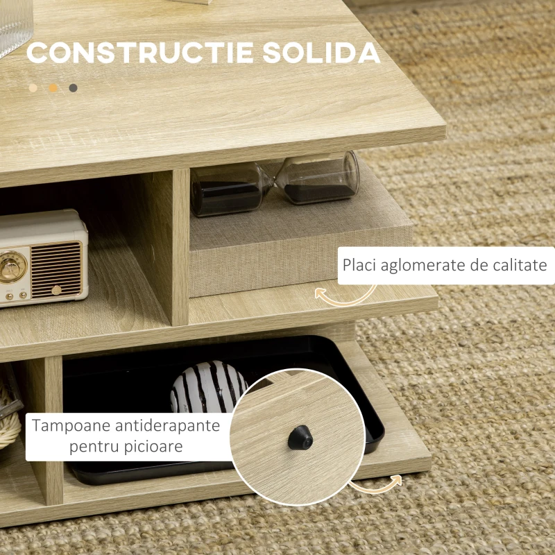 HOMCOM Mese de cafea patrata pentru camera de zi, masa de cocktail moderna cu rafturi multiple de depozitare, 70 x 70 x 36,5 cm, naturala