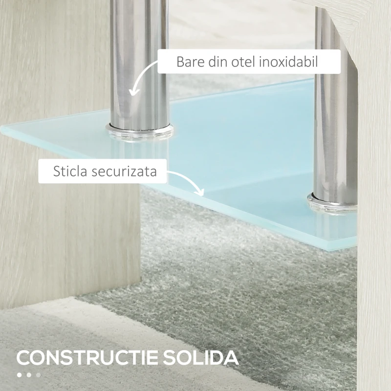 HOMCOM Măsuță de Cafea Dreptunghiulară din Sticlă, Masă Centrală cu 2 Niveluri și Raft de Depozitare, 90x50x42 cm, Alb