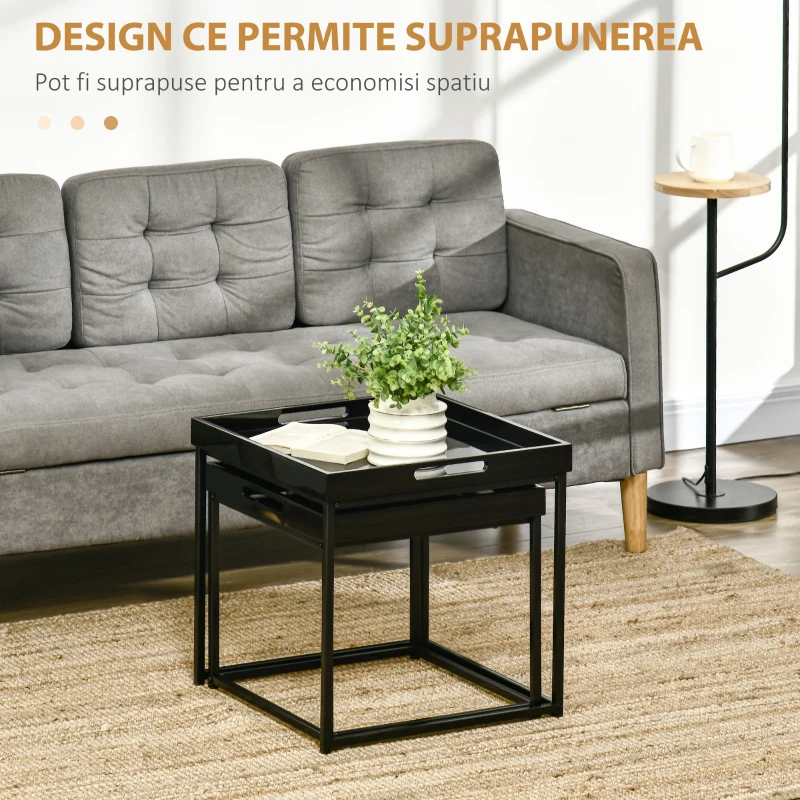 HOMCOM Set de 2 masute moderne, mese stivuibile patrate cu cadru de otel si efect lucios pentru sufragerie, negru