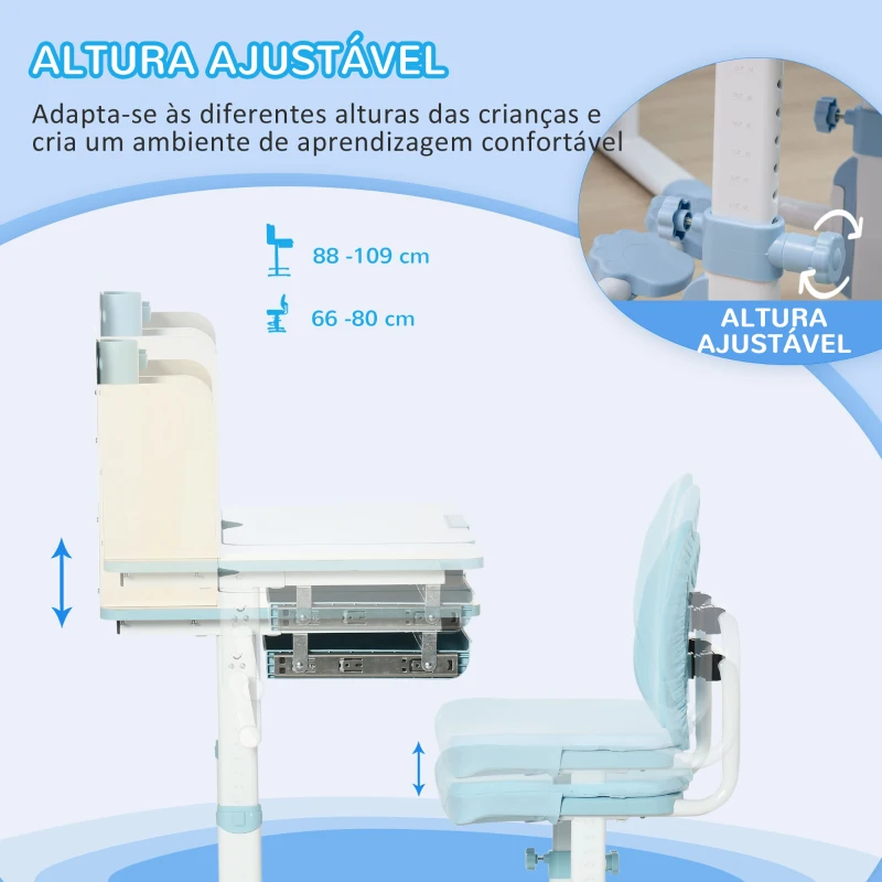 HOMCOM Conjunto de Secretária e Cadeira para Crianças com Altura Ajustável Gaveta Prateleiras e Bancada Inclinável 80x52x88-109 cm Azul e Branco
