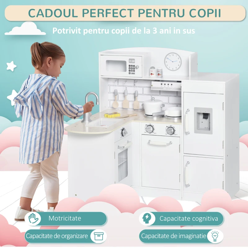 Homcom Bucatarie Jucarie Lemn – Accesorii Incluse, Chiuveta & Frigider