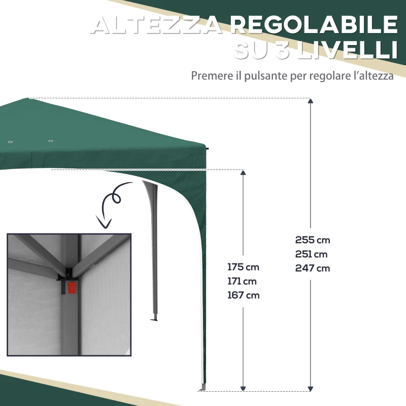 Outsunny Gazebo da Giardino ad Altezza Regolabile con Fori di Drenaggio e Borsa da Trasporto, in Metallo, Verde