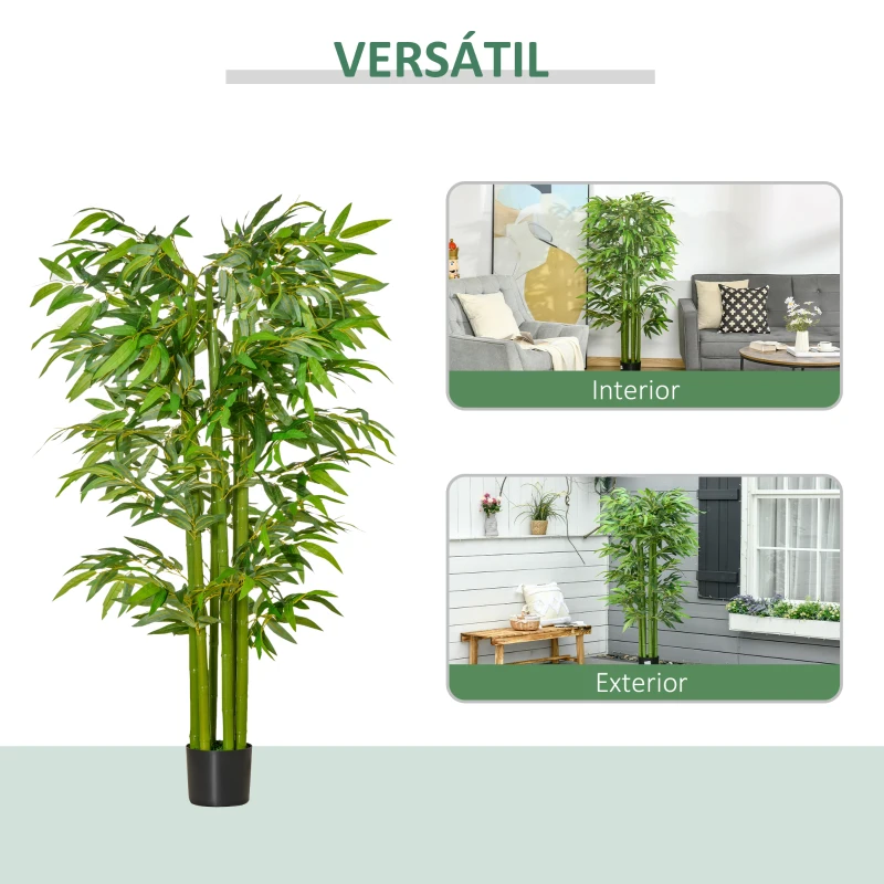 HOMCOM Planta Artificial 160 cm Bambu Artificial com 975 Folhas e Vaso Planta Artificial Decorativa para Interior e Exterior Verde