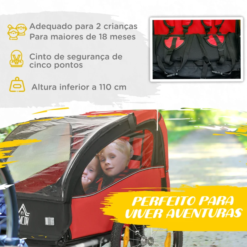 HOMCOM Reboque de Bicicleta para Crianças acima de 18 Meses Reboque de Bicicleta com 2 Lugares com Cinto de Segurança Espaço de Armazenamento e Sistema de Amortecimento 140x88x90 cm Vermelho