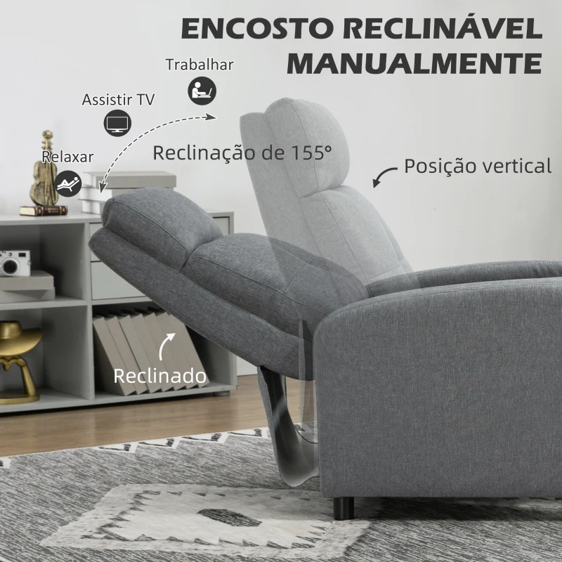 HOMCOM Poltrona Relax Reclinável até 155° Poltrona Reclinável Manual Estofado para Pessoas com Altura Inferior 195 cm 67x87x98 cm Cinza