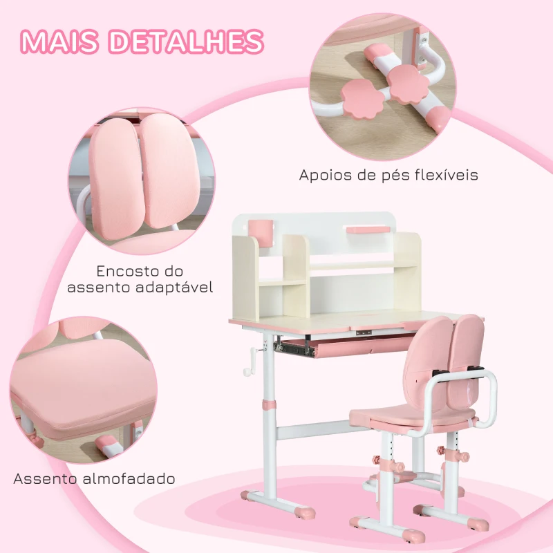 HOMCOM Conjunto de Secretária e Cadeira para Crianças com Altura Ajustável Gaveta Prateleiras e Bancada Inclinável 80x52x88-109 cm Rosa e Branco
