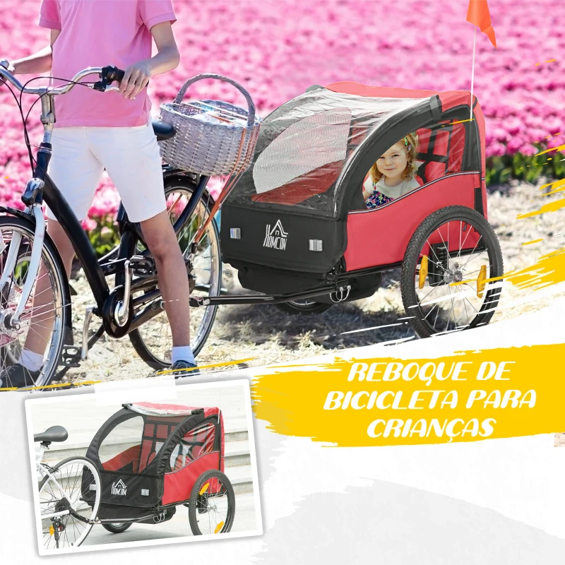 HOMCOM Reboque de Bicicleta para Crianças acima de 18 Meses Reboque de Bicicleta com 2 Lugares com Cinto de Segurança Espaço de Armazenamento e Sistema de Amortecimento 140x88x90 cm Vermelho