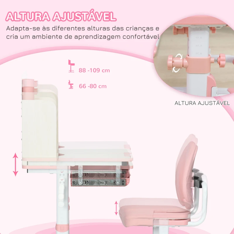 HOMCOM Conjunto de Secretária e Cadeira para Crianças com Altura Ajustável Gaveta Prateleiras e Bancada Inclinável 80x52x88-109 cm Rosa e Branco