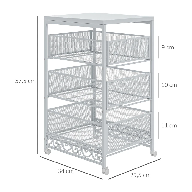 HOMCOM Carrinho Auxiliar com Rodas Carrinho de Armazenamento com 3 Gavetas de Armazenamento 34x29,5x57,5 cm Branco
