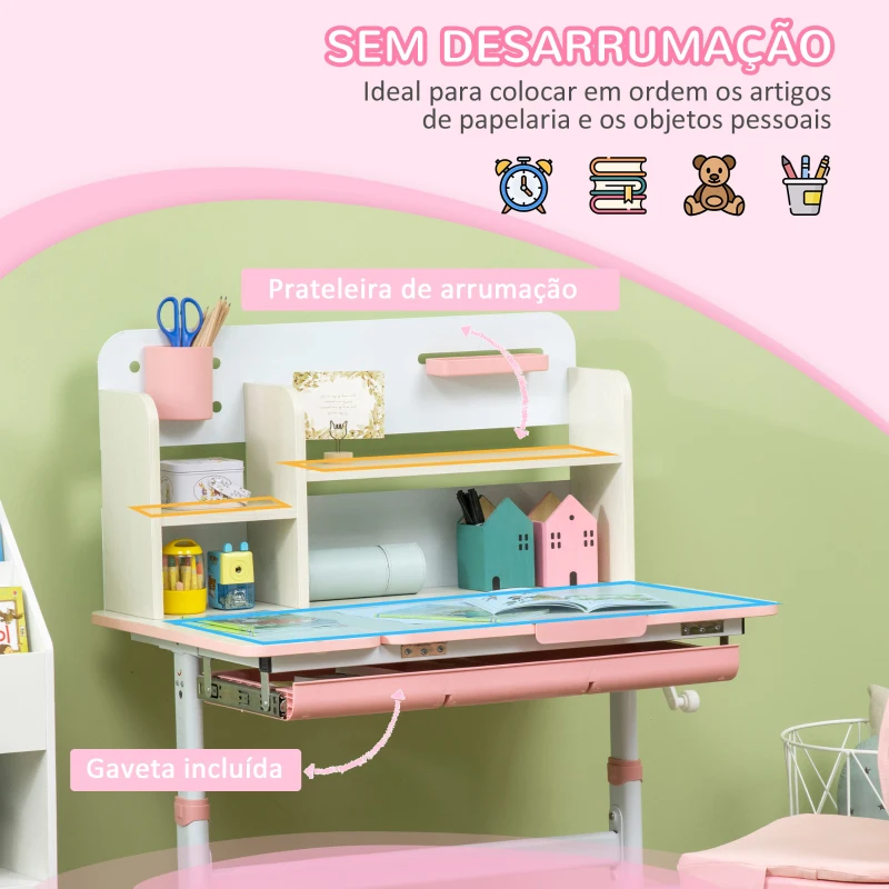 HOMCOM Conjunto de Secretária e Cadeira para Crianças com Altura Ajustável Gaveta Prateleiras e Bancada Inclinável 80x52x88-109 cm Rosa e Branco