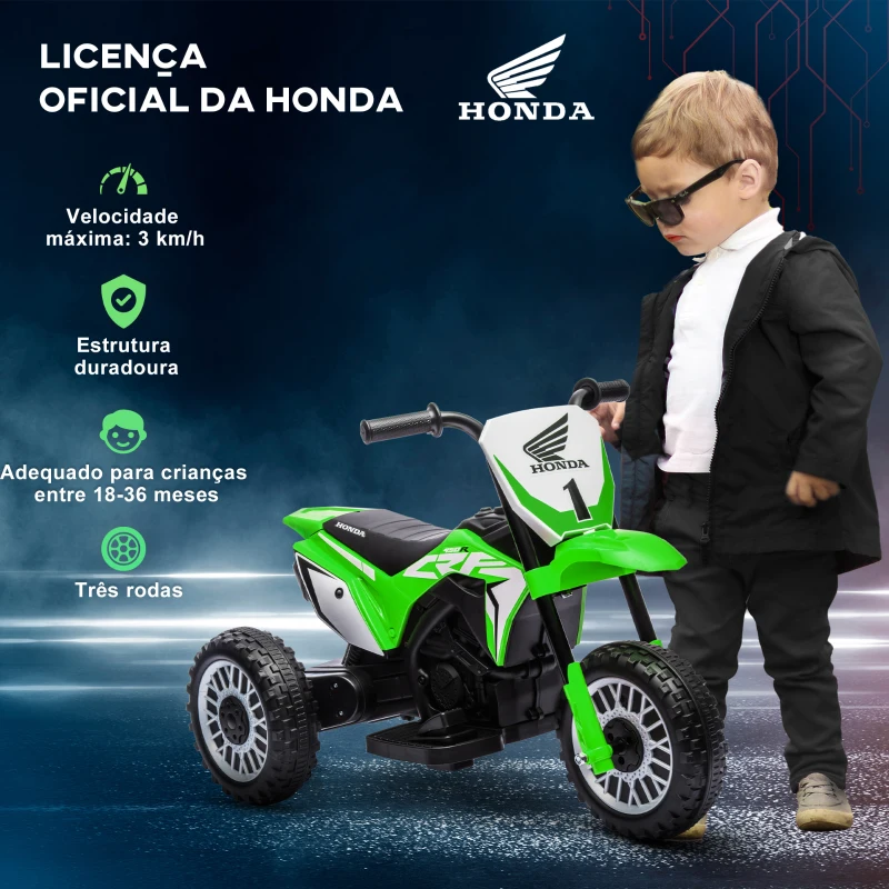 HOMCOM Mota Elétrica com Licença Honda CRF450RL Bateria 6V com Velocidade 3km/h Buzina e Som de Arranque 71x40,5x43,5 cm Verde