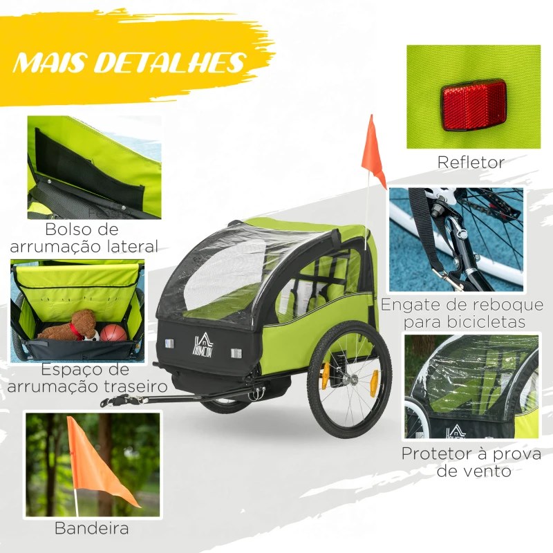 HOMCOM Reboque de Bicicleta para Crianças de 2 Lugares com Cinto de Segurança e Sistema de Amortecimento 140x88x90 cm Verde