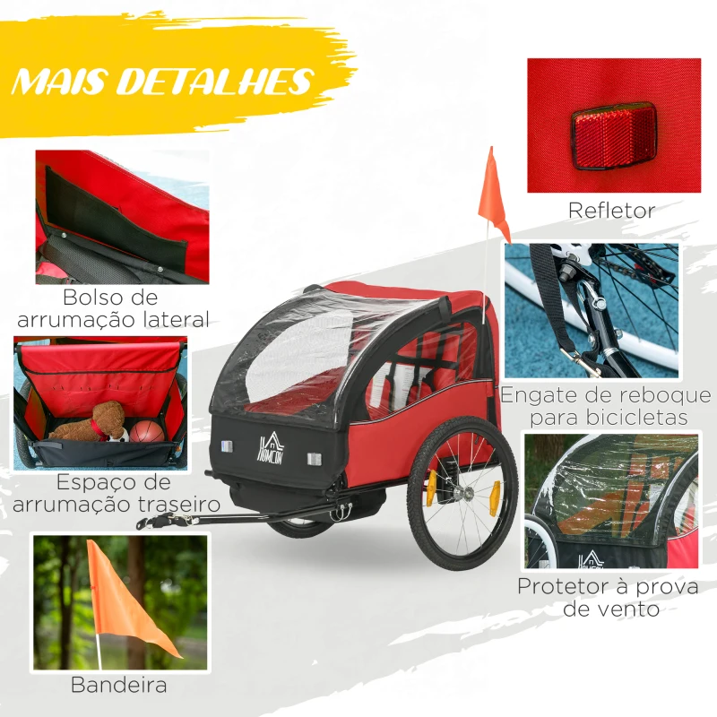 HOMCOM Reboque de Bicicleta para Crianças acima de 18 Meses Reboque de Bicicleta com 2 Lugares com Cinto de Segurança Espaço de Armazenamento e Sistema de Amortecimento 140x88x90 cm Vermelho