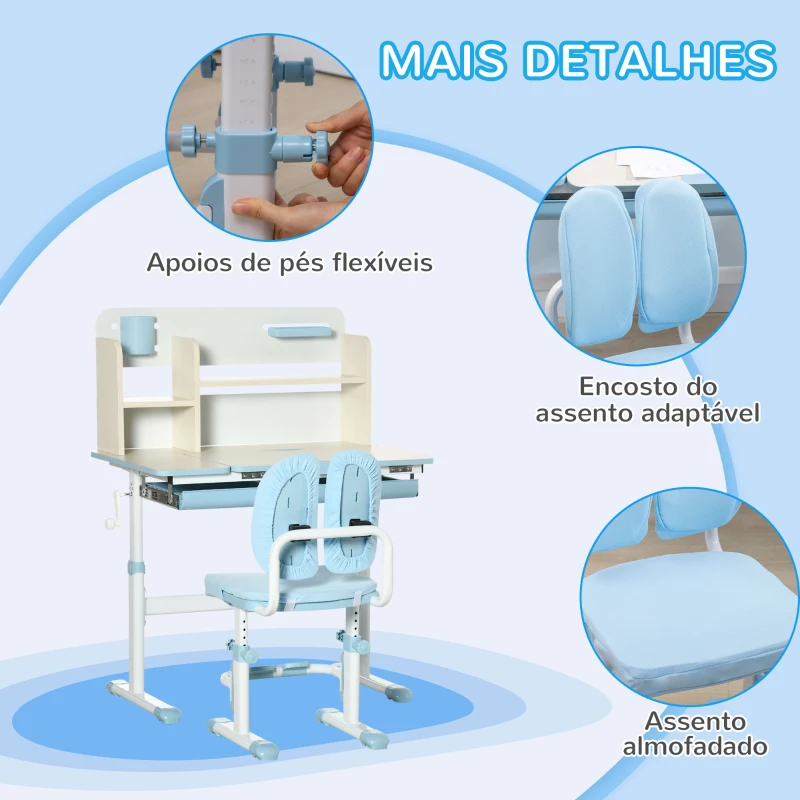 HOMCOM Conjunto de Secretária e Cadeira para Crianças com Altura Ajustável Gaveta Prateleiras e Bancada Inclinável 80x52x88-109 cm Azul e Branco