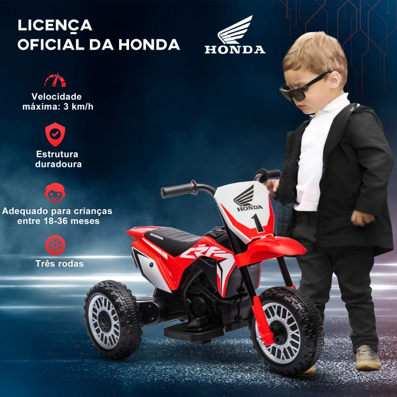 HOMCOM Mota Elétrica com Licença Honda CRF450RL Bateria 6V com Velocidade 3km/h Buzina e Som de Arranque 71x40,5x43,5 cm Vermelho