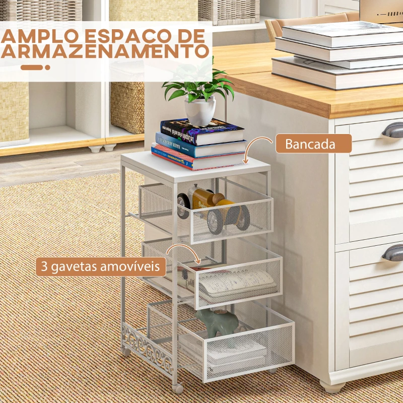 HOMCOM Carrinho Auxiliar com Rodas Carrinho de Armazenamento com 3 Gavetas de Armazenamento 34x29,5x57,5 cm Branco
