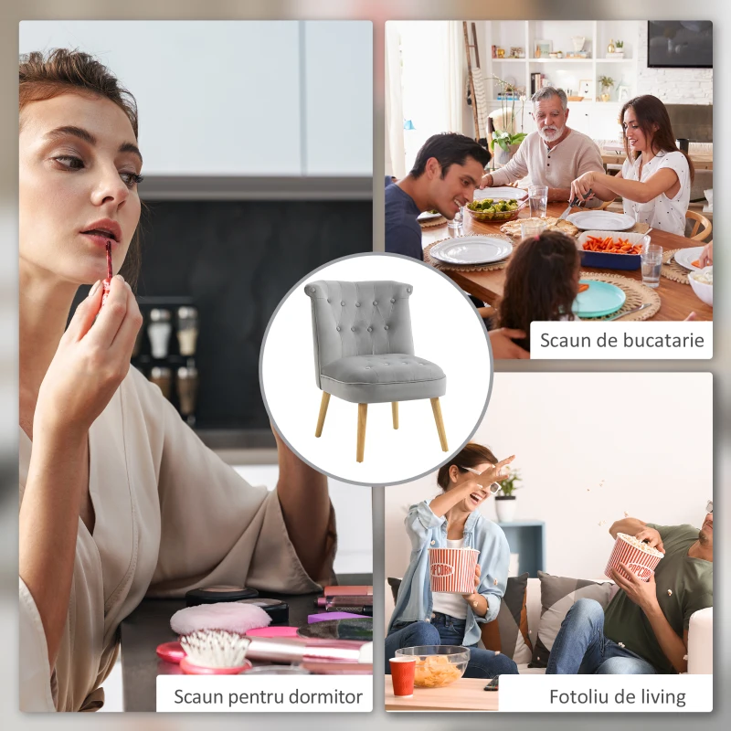 HOMCOM Scaun modern de accent capitonat, fotoliu de catifea pentru dormitor cu picioare din lemn, gri