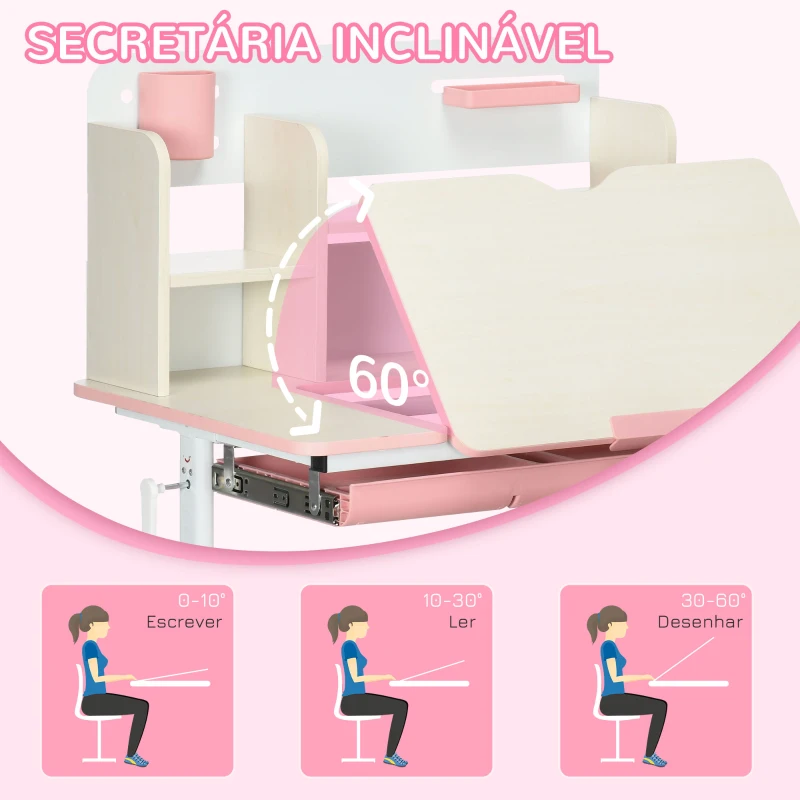 HOMCOM Conjunto de Secretária e Cadeira para Crianças com Altura Ajustável Gaveta Prateleiras e Bancada Inclinável 80x52x88-109 cm Rosa e Branco