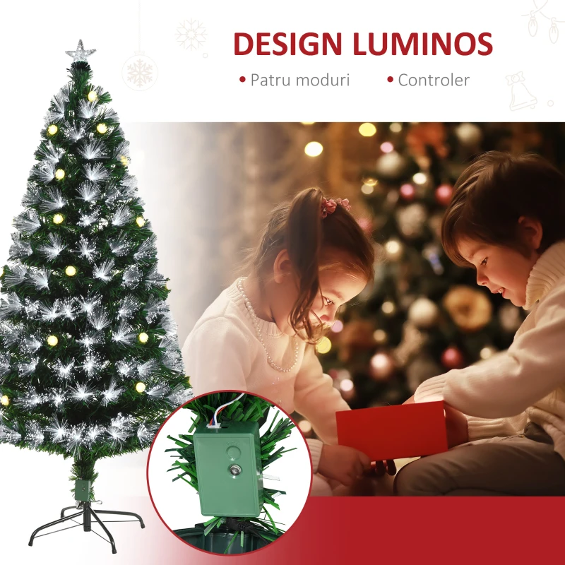 HOMCOM Brad de Craciun artificial de 120 cm cu 130 de ramuri, lumina LED cu fibra optica