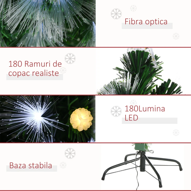 HOMCOM Pom de Craciun artificial de 150 cm cu ramuri cu 180 de becuri cu LED fibre optice