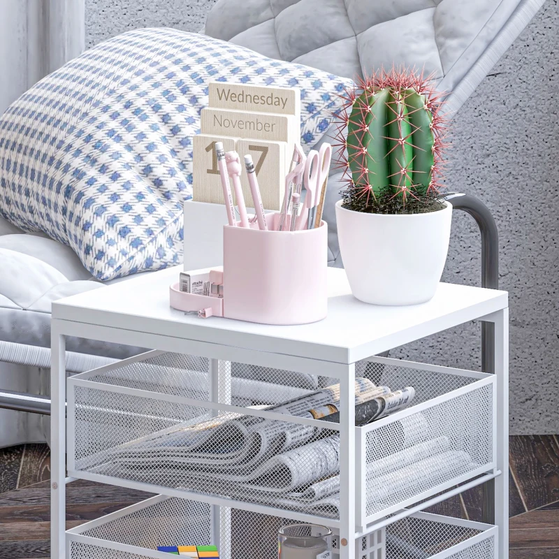HOMCOM Carrinho Auxiliar com Rodas Carrinho de Armazenamento com 3 Gavetas de Armazenamento 34x29,5x57,5 cm Branco