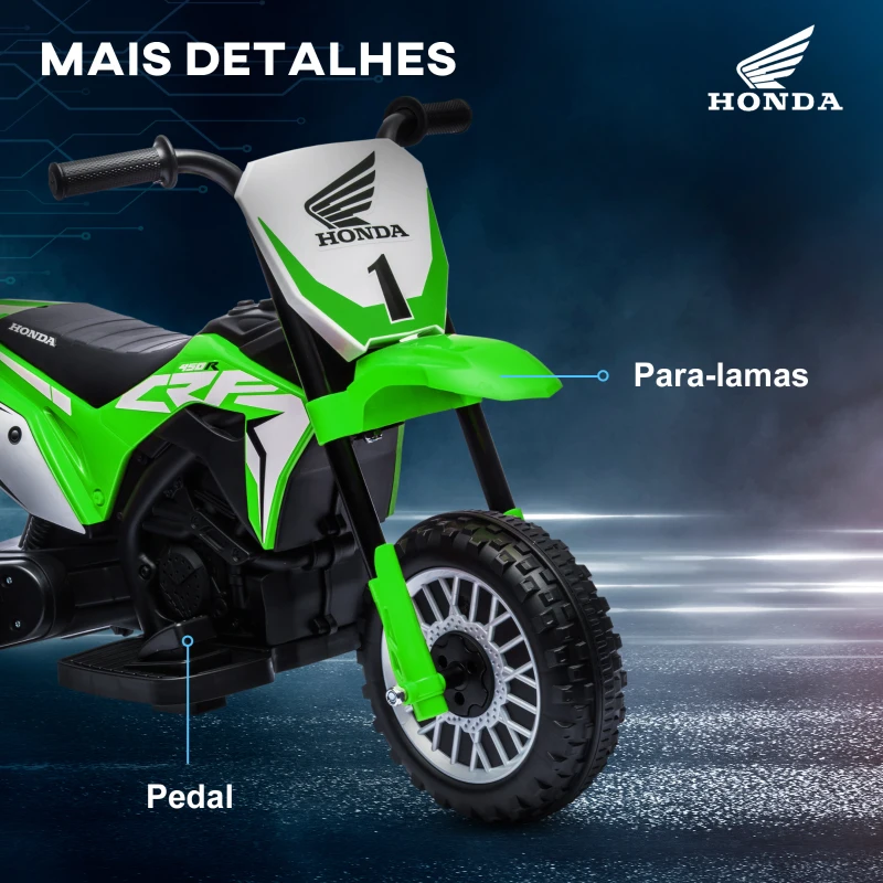 HOMCOM Mota Elétrica com Licença Honda CRF450RL Bateria 6V com Velocidade 3km/h Buzina e Som de Arranque 71x40,5x43,5 cm Verde