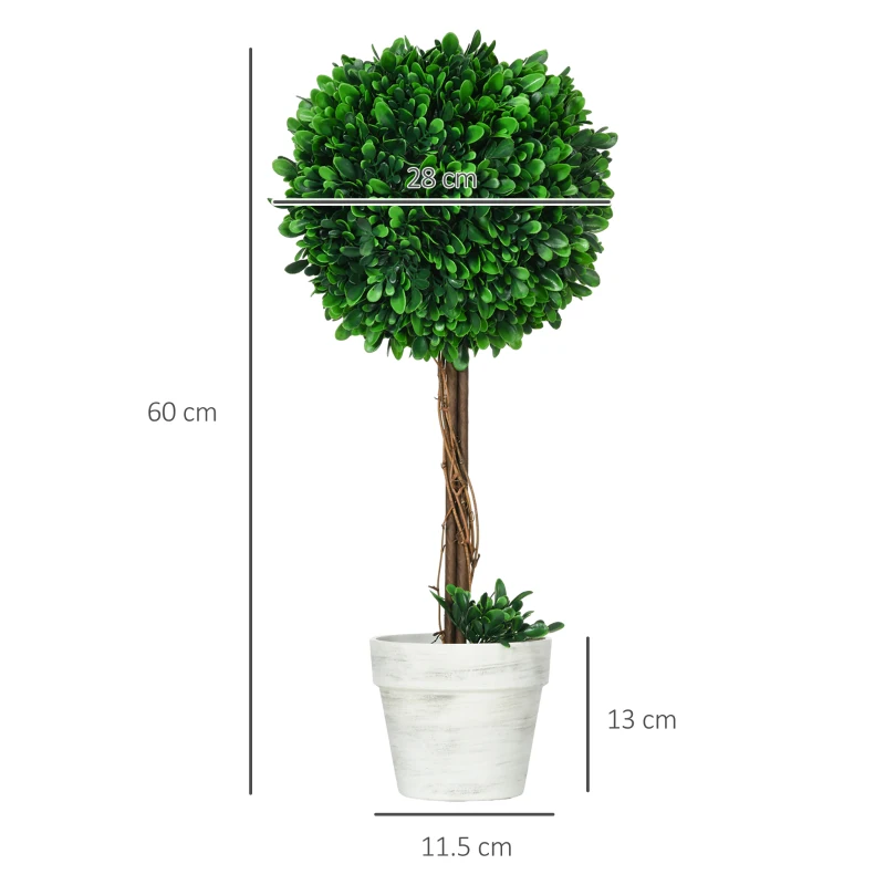 HOMCOM Set of 2 Artificial Boxwood Trees Artificial Plant Artificial Plants, incl. Artificial Moss, 1 Planter, 28cm x 28cm x 60cm, Green