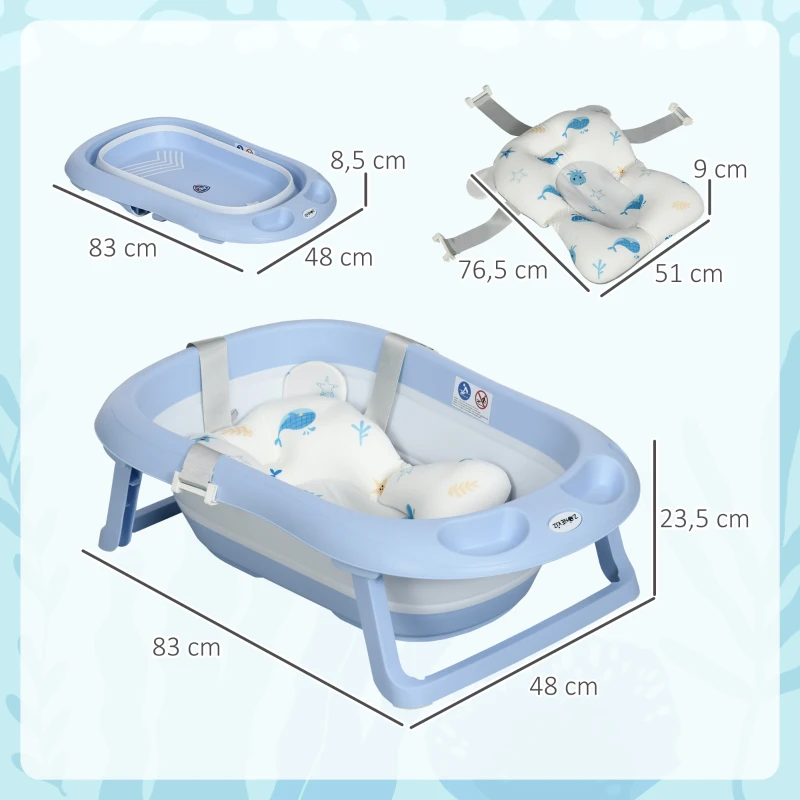 ZONEKIZ Banheira para Bebé Recém Nascido Dobrável 40L com Almofada Pés Antiderrapantes e Orifício de Drenagem 83x48x23,5 cm Azul