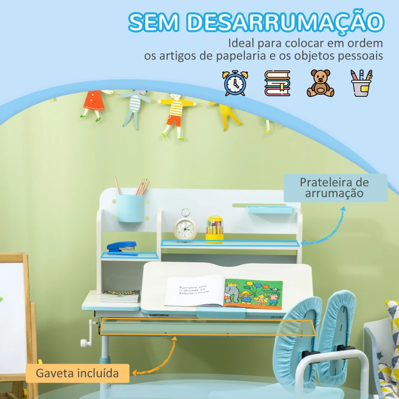 HOMCOM Conjunto de Secretária e Cadeira para Crianças com Altura Ajustável Gaveta Prateleiras e Bancada Inclinável 80x52x88-109 cm Azul e Branco