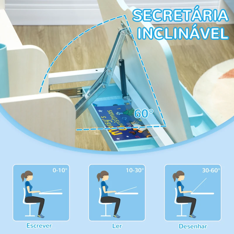HOMCOM Conjunto de Secretária e Cadeira para Crianças com Altura Ajustável Gaveta Prateleiras e Bancada Inclinável 80x52x88-109 cm Azul e Branco