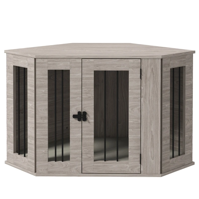 PawHut Dog Crate, Dog Cage, Corner Design, with Lock, 1 Cushion, 104 x 55 x 63 cm, Brown
