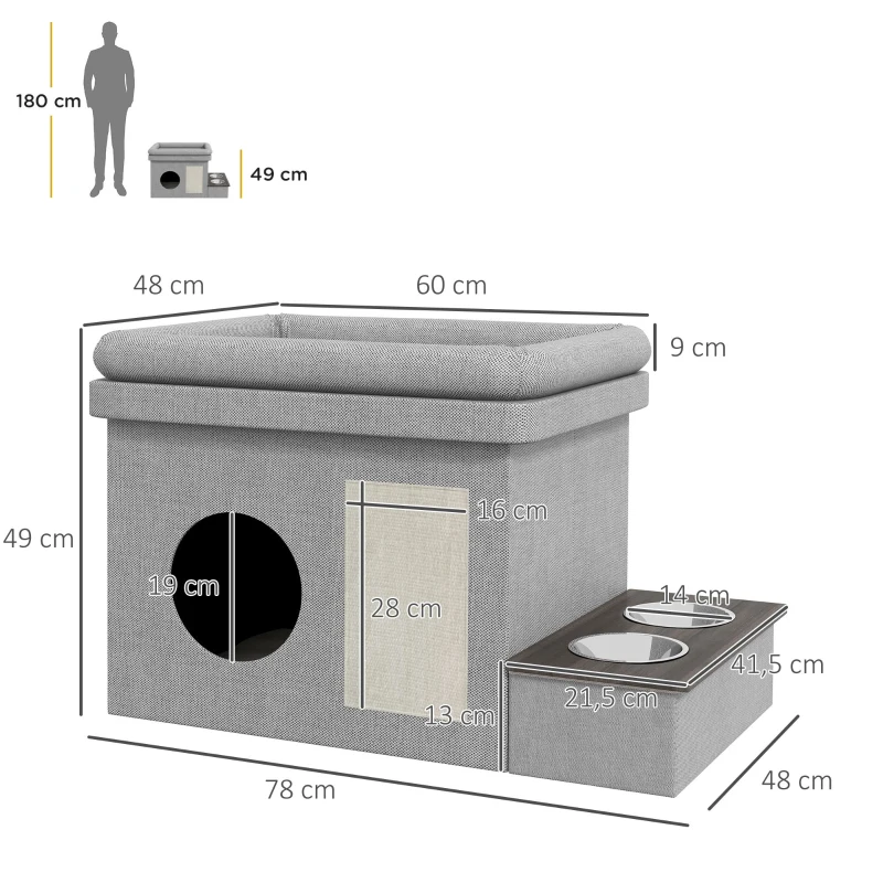 PawHut Cat House, Feeding Area with 2 Stainless Steel Bowls, Scratching Mat, Soft Lounge Cushion, 78 x 48 x 49.5 cm, Gray