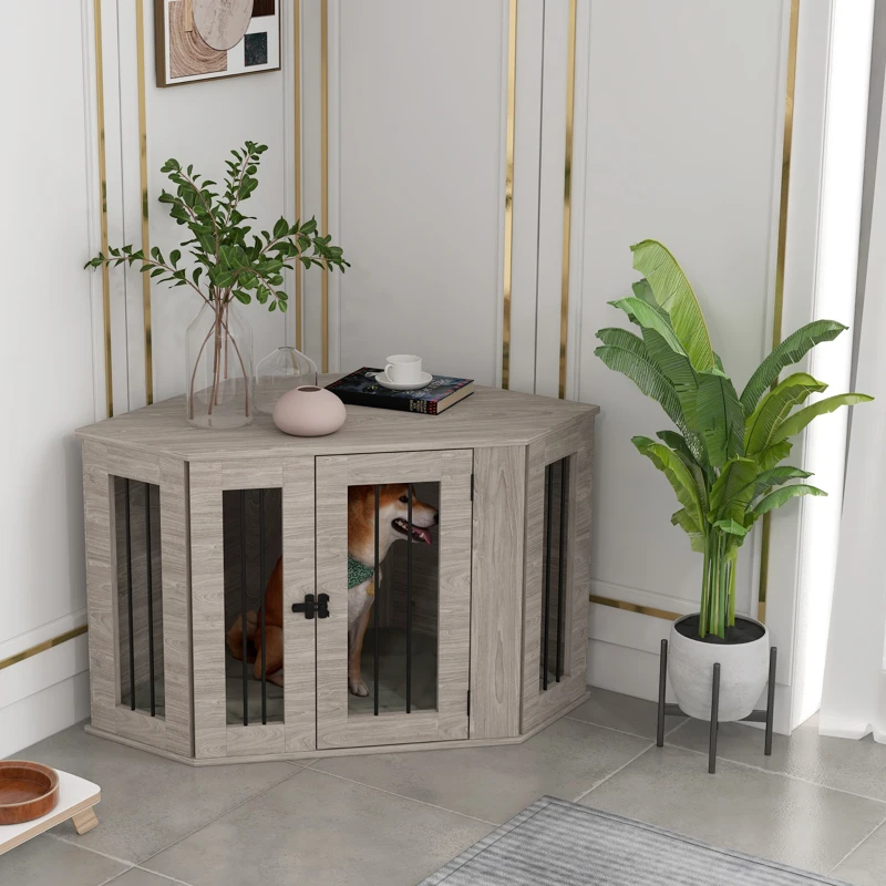 PawHut Dog Crate, Dog Cage, Corner Design, with Lock, 1 Cushion, 104 x 55 x 63 cm, Brown