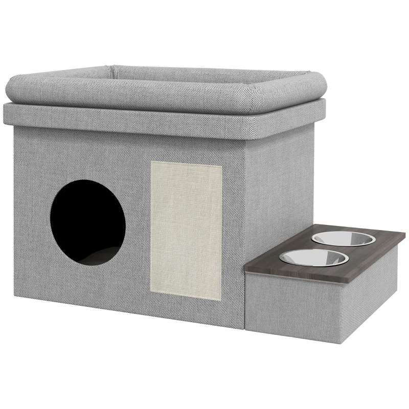 PawHut Cat House, Feeding Area with 2 Stainless Steel Bowls, Scratching Mat, Soft Lounge Cushion, 78 x 48 x 49.5 cm, Gray