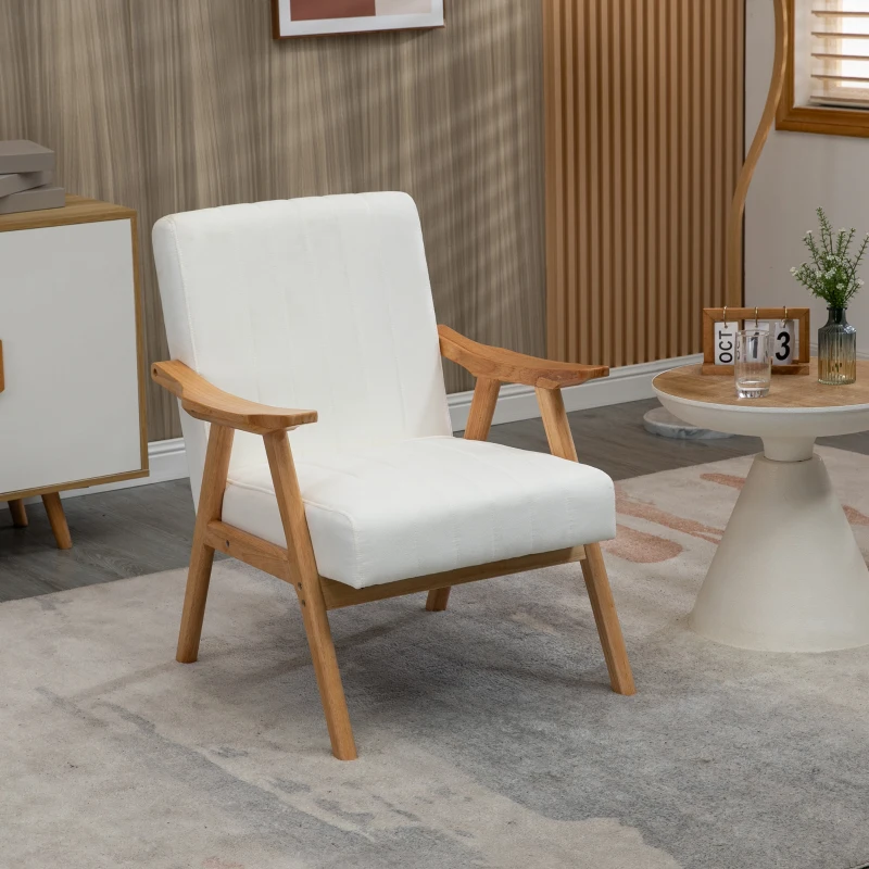 HOMCOM Polstersessel in Scandinavisch design, met een fluwelen uitstraling, een massief houten frame, afmetingen van 68 x 74 x 82 cm, in de kleuren natuur en crème